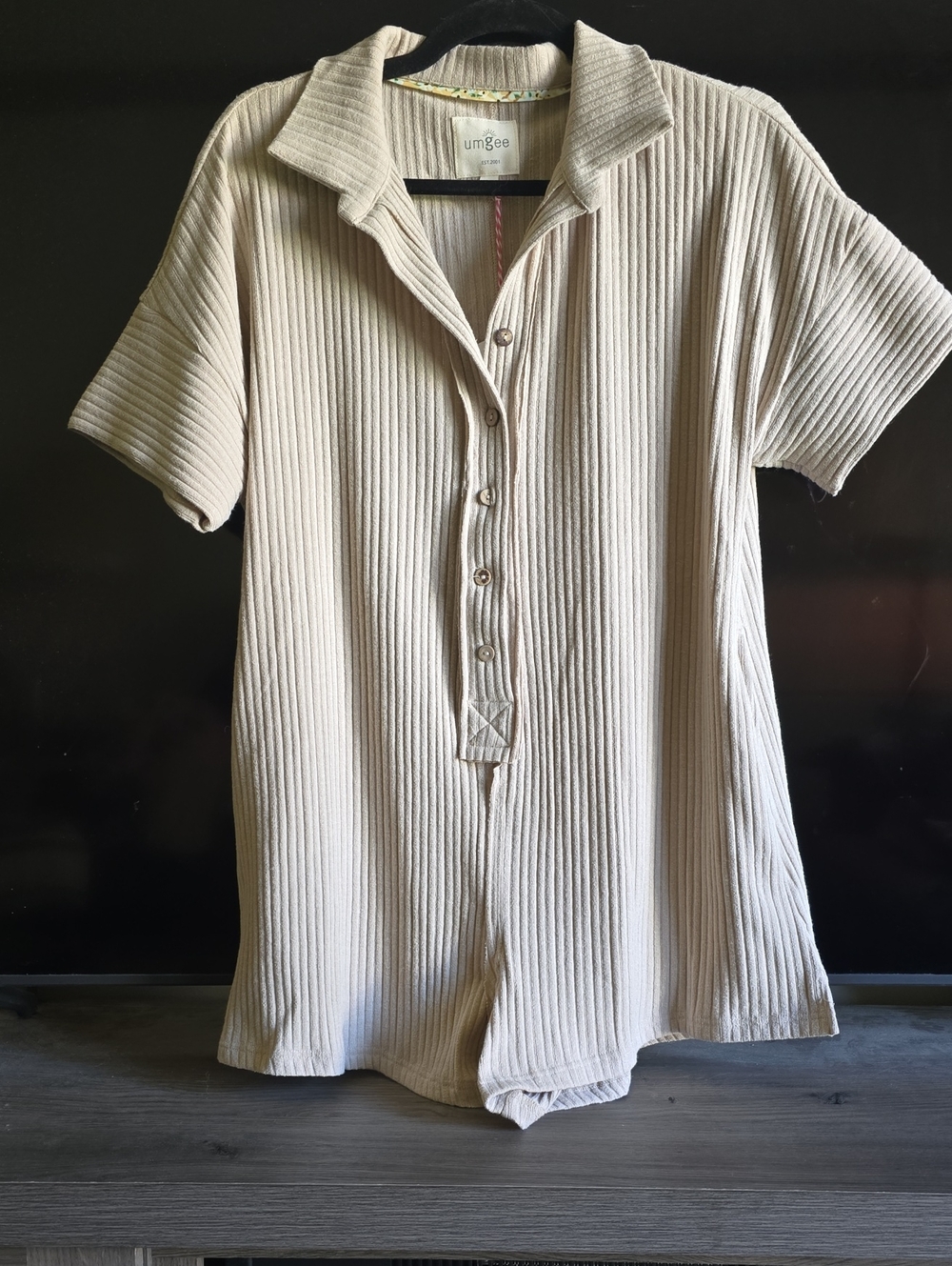 Umgee Cream Ribbed Short-Sleeve Polo Romper